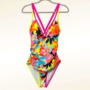Amazon Women's Neon Floral One-Piece Swimsuit - Pink, Yellow, Orange, Blue.